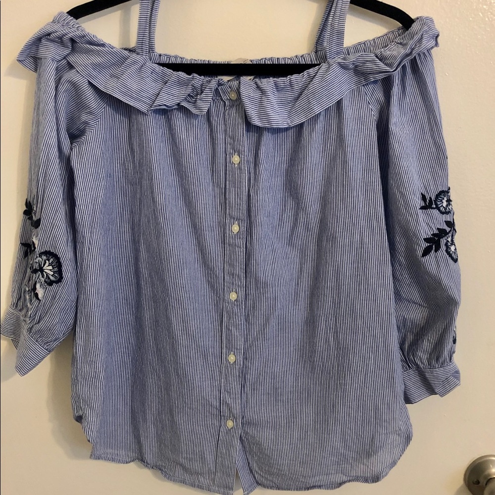 Flowy and Off Shoulder Top, Blue/White Pinstripe